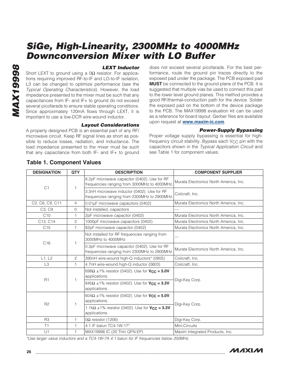 Table 1. component values | Rainbow Electronics MAX19998 User Manual | Page 26 / 28