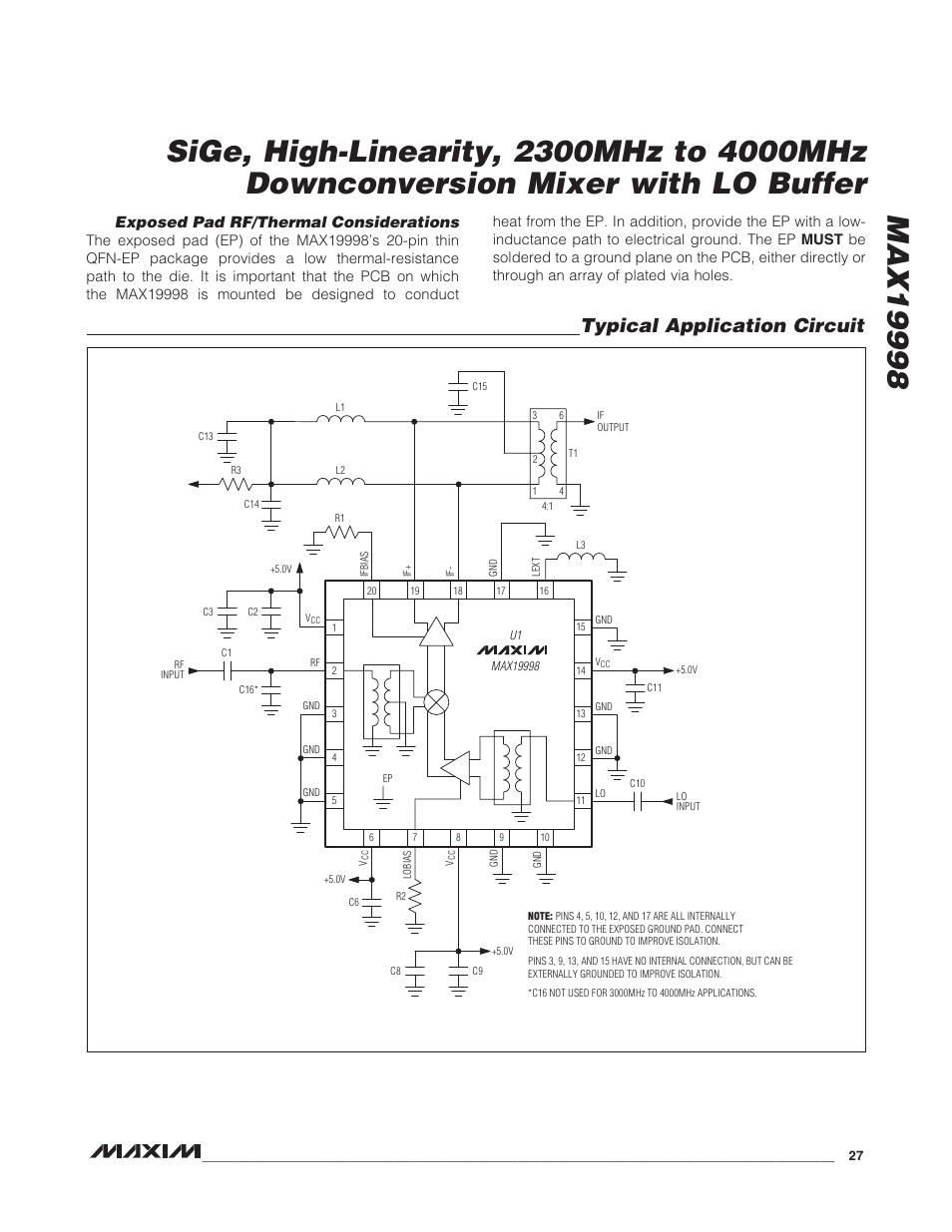 Typical application circuit, Exposed pad rf/thermal considerations | Rainbow Electronics MAX19998 User Manual | Page 27 / 28