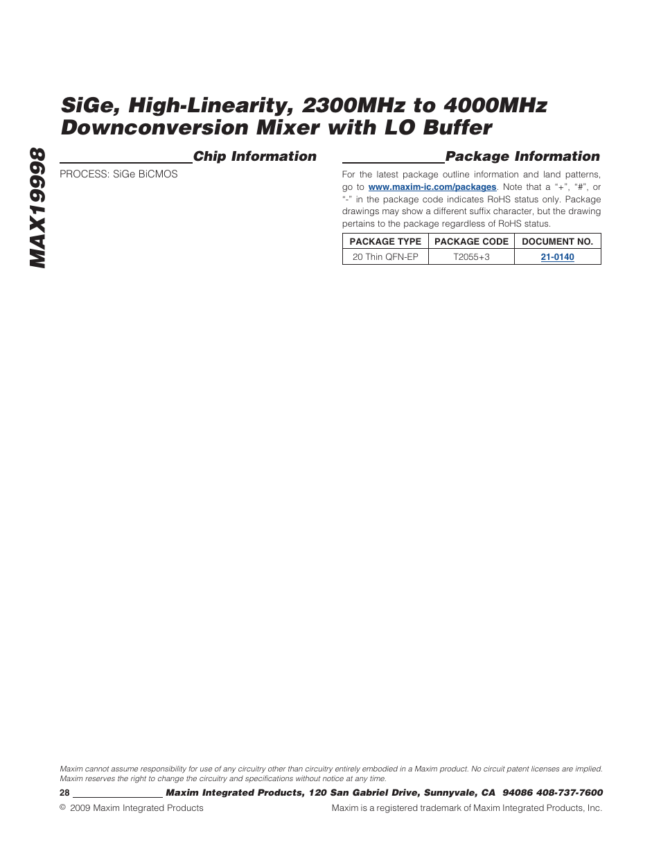 Package information, Chip information | Rainbow Electronics MAX19998 User Manual | Page 28 / 28