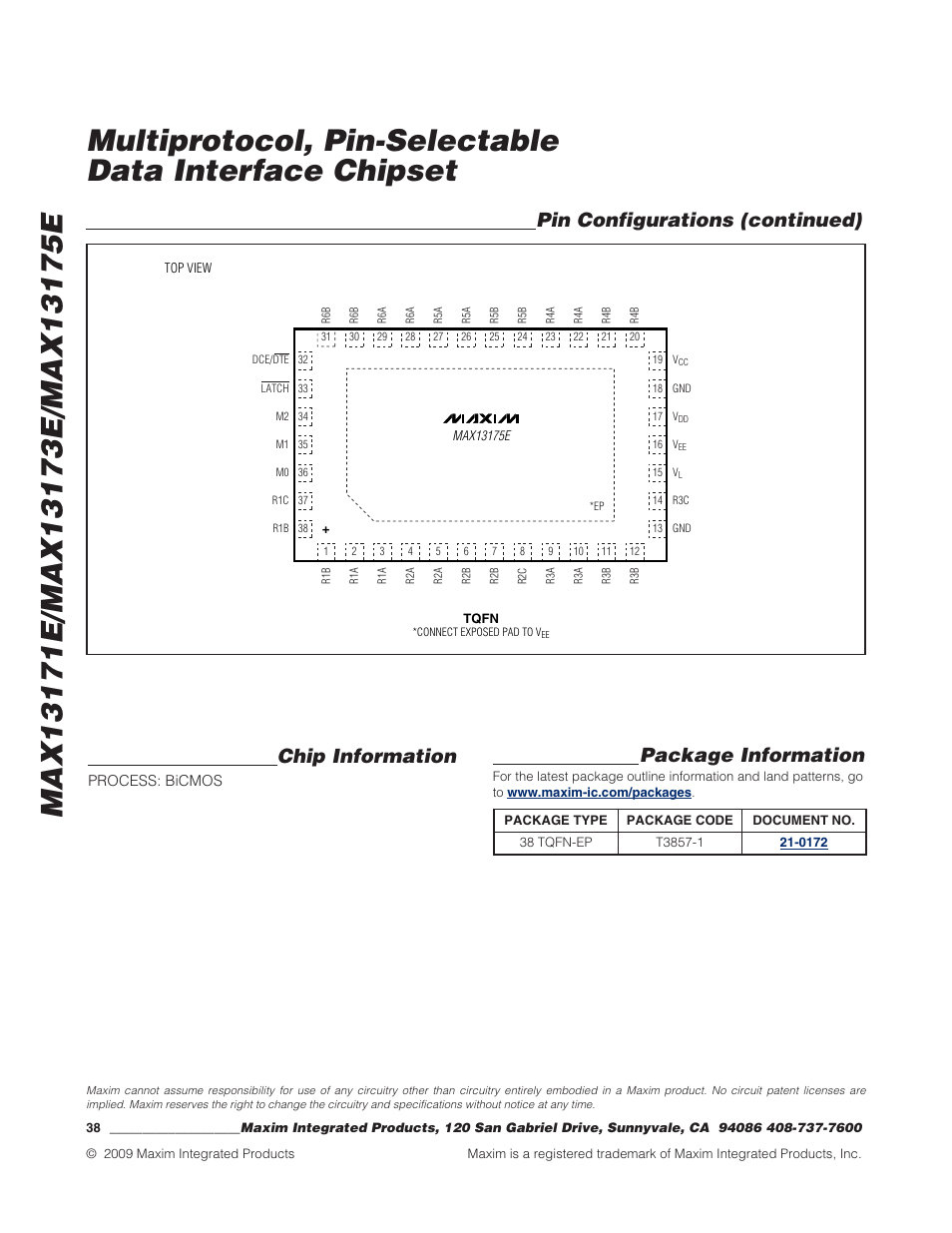 Package information, Pin configurations (continued), Chip information | Rainbow Electronics MAX13175E User Manual | Page 38 / 38