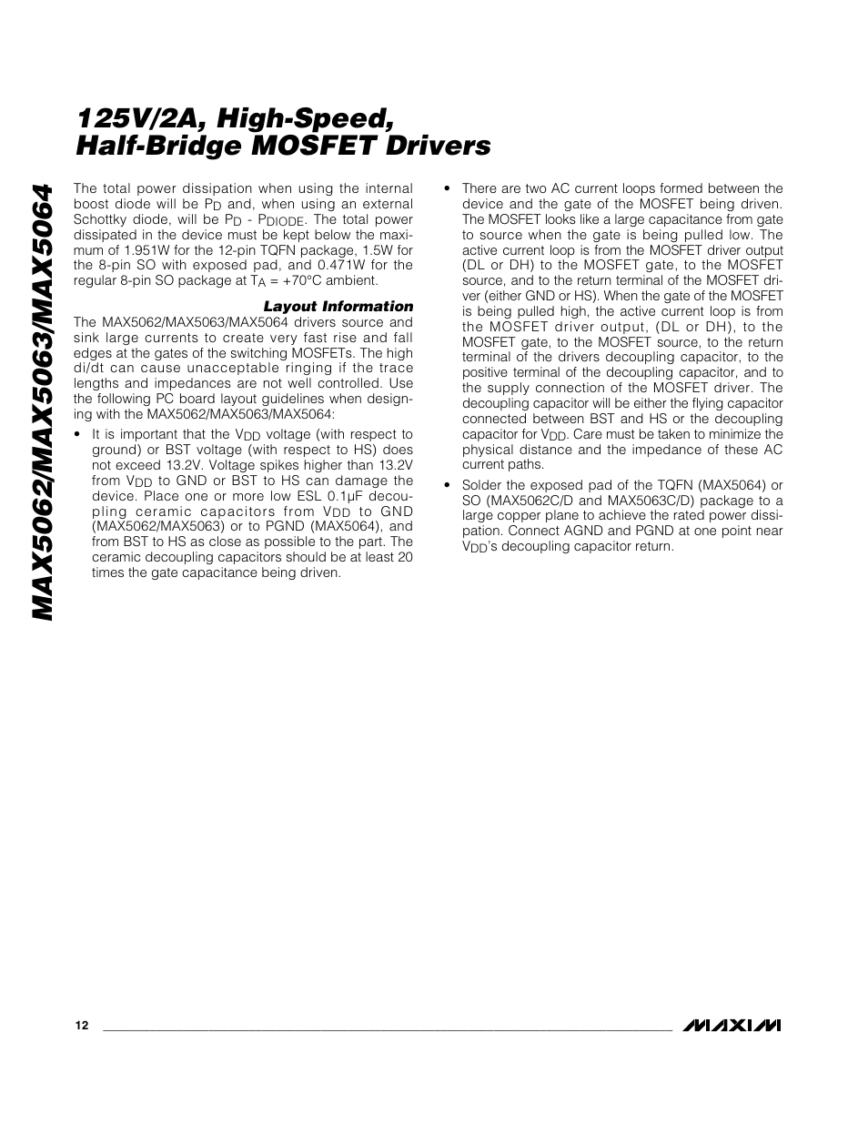 125v/2a, high-speed, half-bridge mosfet drivers | Rainbow Electronics MAX5064 User Manual | Page 12 / 19