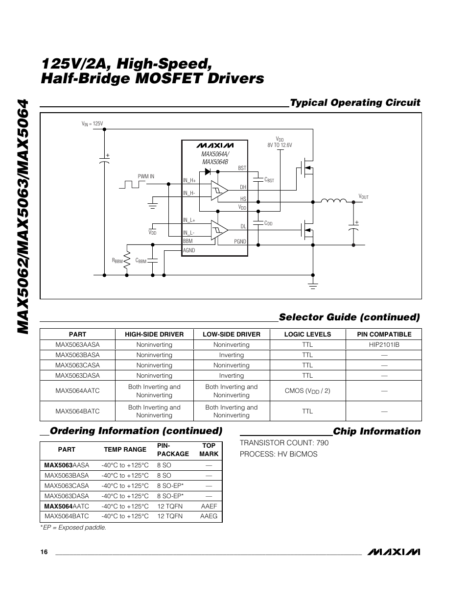 Typical operating circuit, Ordering information (continued), Selector guide (continued) chip information | Rainbow Electronics MAX5064 User Manual | Page 16 / 19