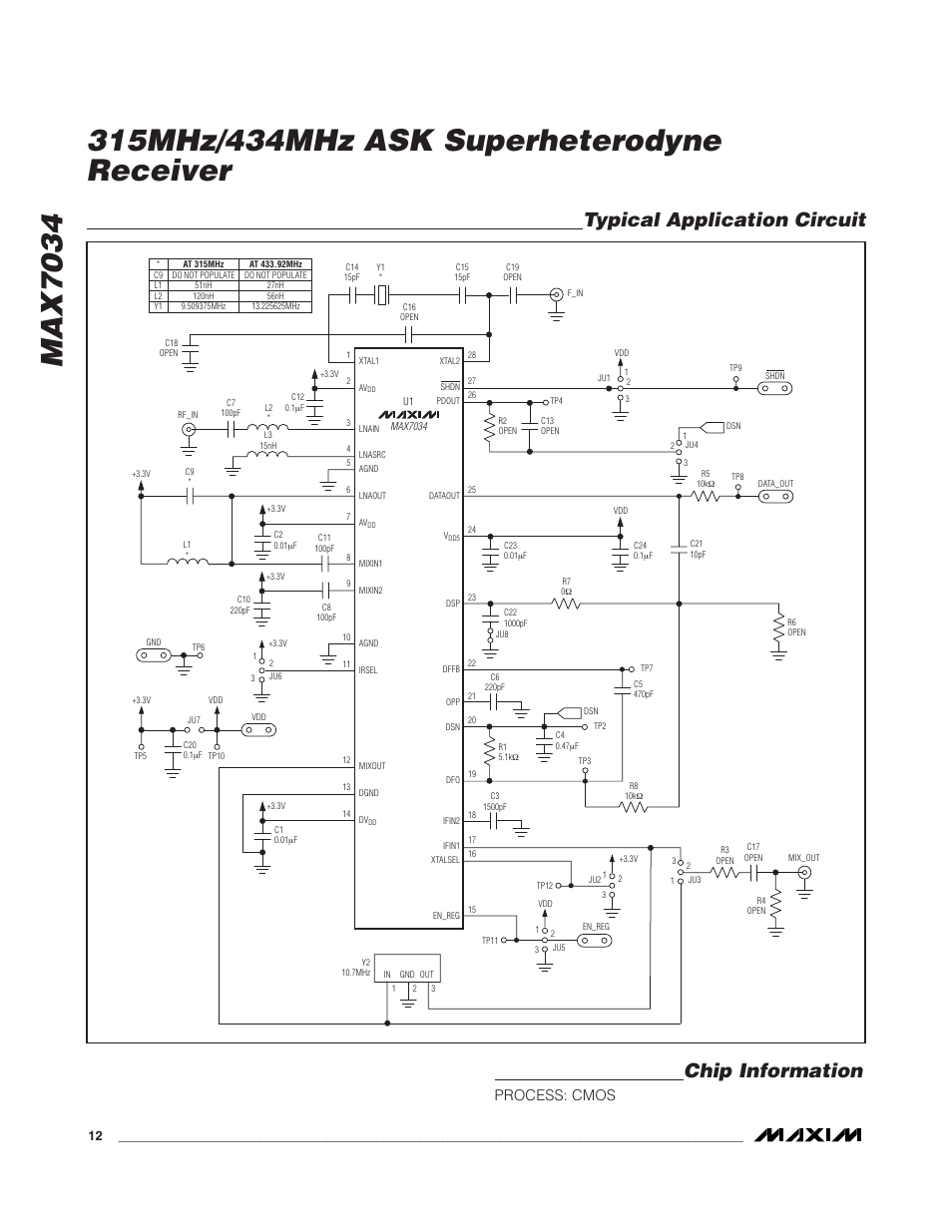 Chip information, Typical application circuit, Process: cmos | Rainbow Electronics MAX7034 User Manual | Page 12 / 13