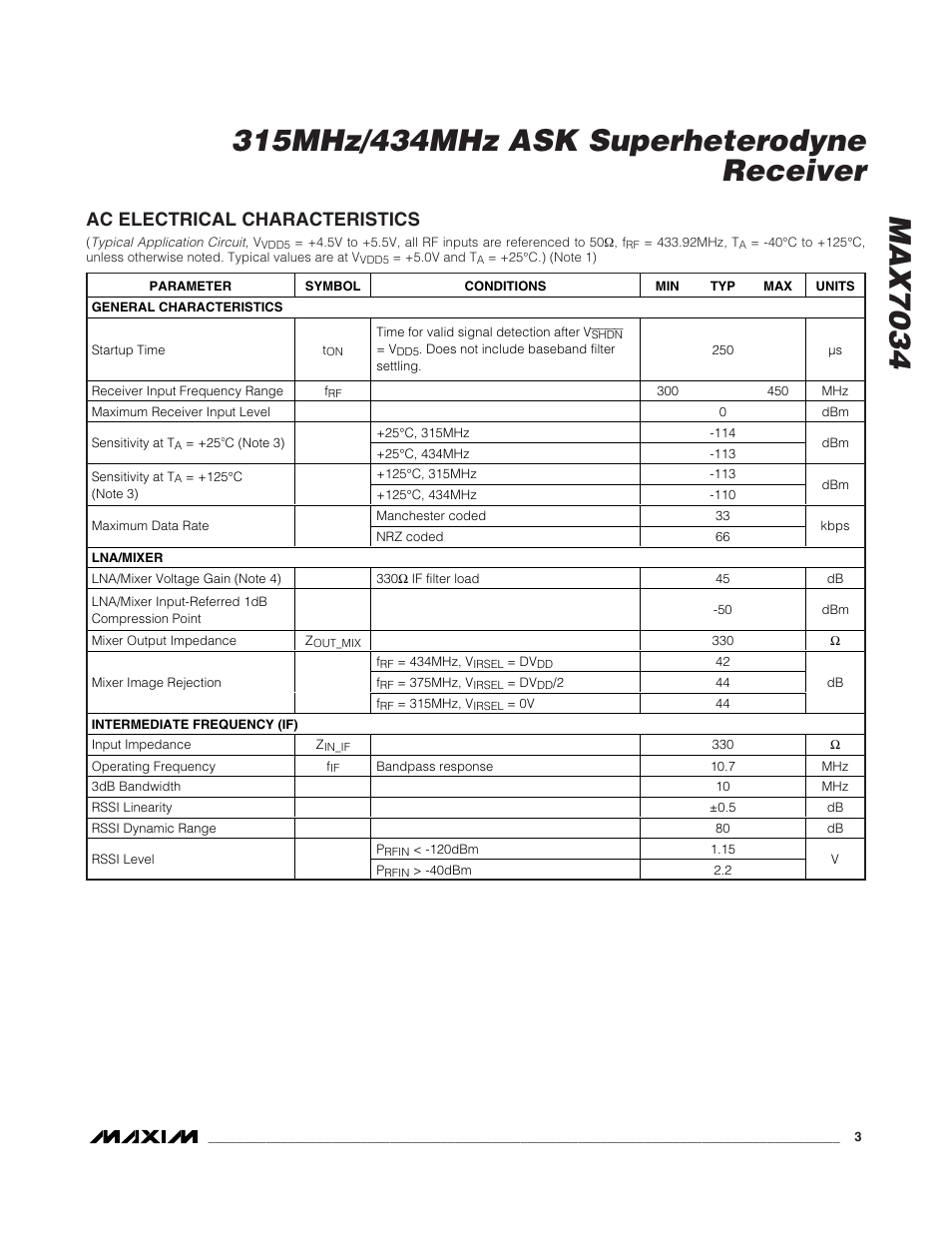 Ac electrical characteristics | Rainbow Electronics MAX7034 User Manual | Page 3 / 13