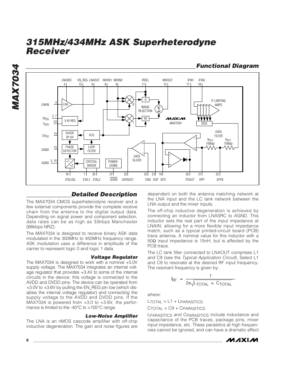 Functional diagram, Detailed description, Voltage regulator | Low-noise amplifier | Rainbow Electronics MAX7034 User Manual | Page 8 / 13