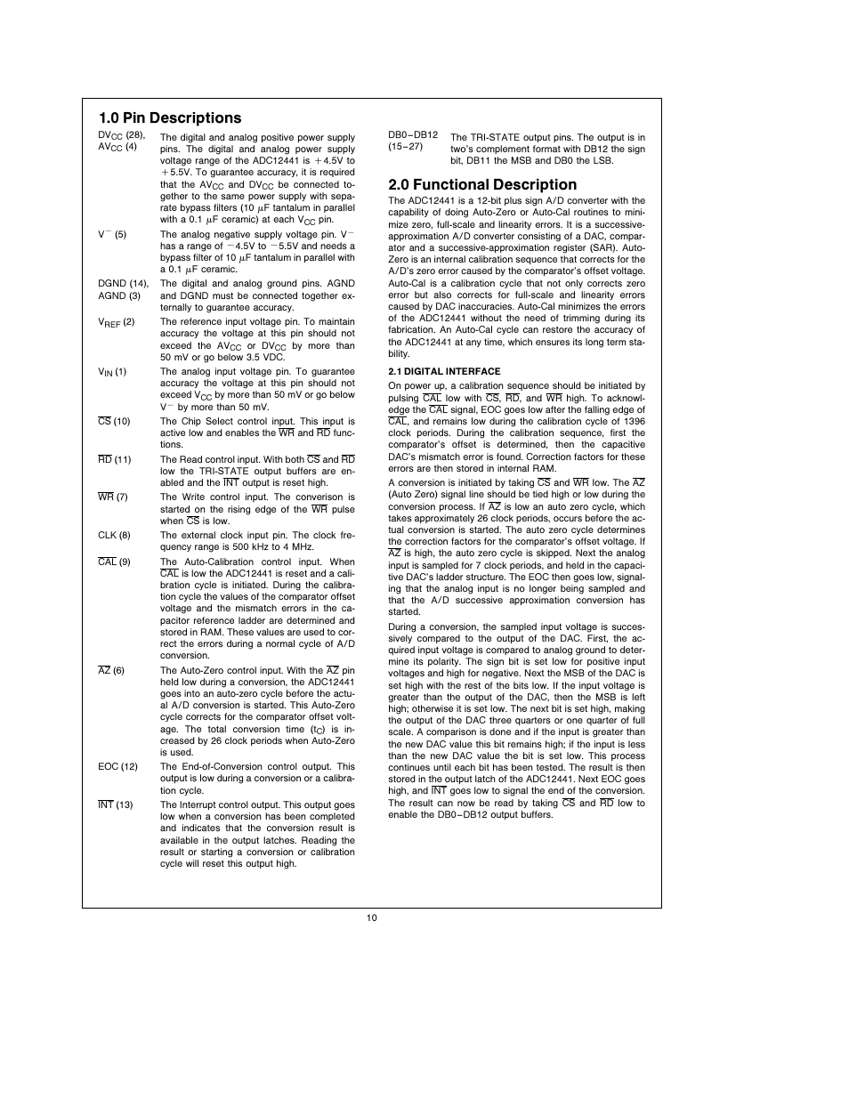 1 0 pin descriptions, 2 0 functional description | Rainbow Electronics ADC12441 User Manual | Page 10 / 14