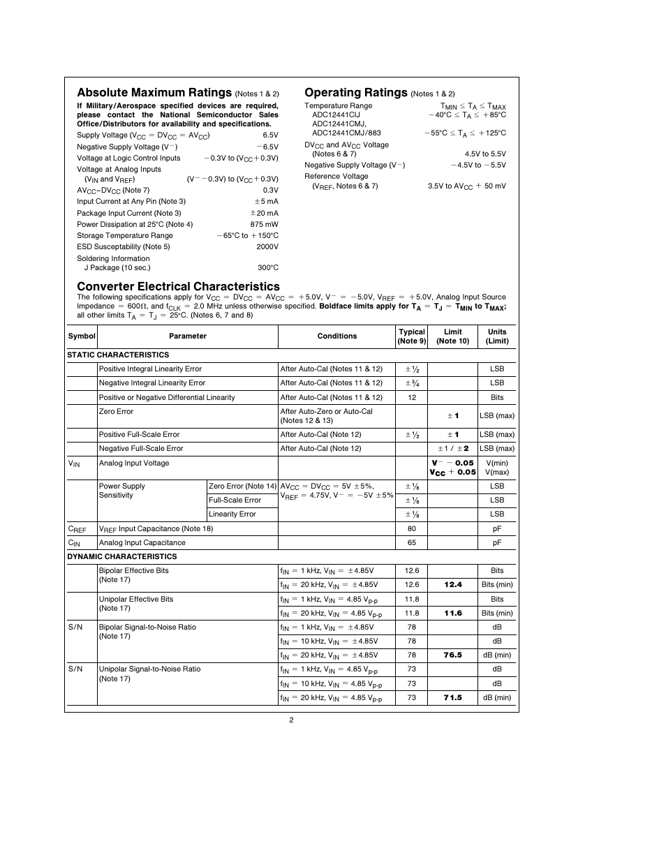 Absolute maximum ratings, Operating ratings, Converter electrical characteristics | Rainbow Electronics ADC12441 User Manual | Page 2 / 14