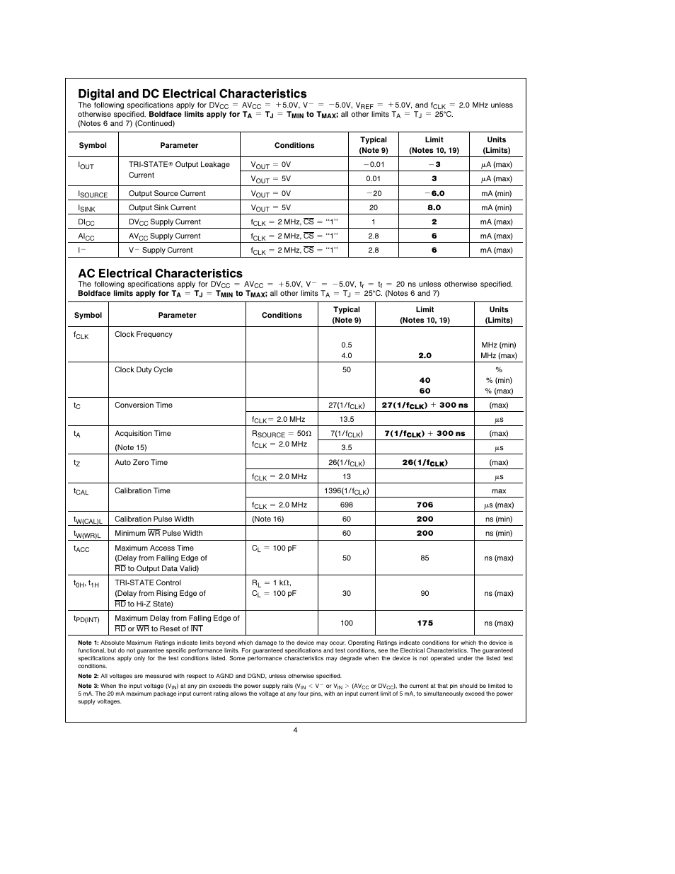 Digital and dc electrical characteristics, Ac electrical characteristics | Rainbow Electronics ADC12441 User Manual | Page 4 / 14
