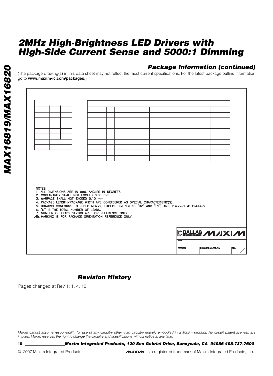 Package information (continued), Revision history | Rainbow Electronics MAX16820 User Manual | Page 10 / 10
