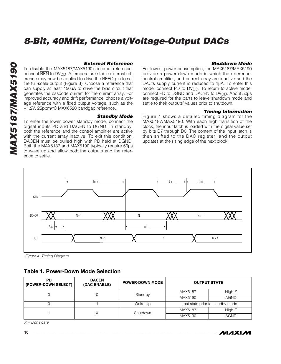 Table 1. power-down mode selection | Rainbow Electronics MAX5190 User Manual | Page 10 / 15