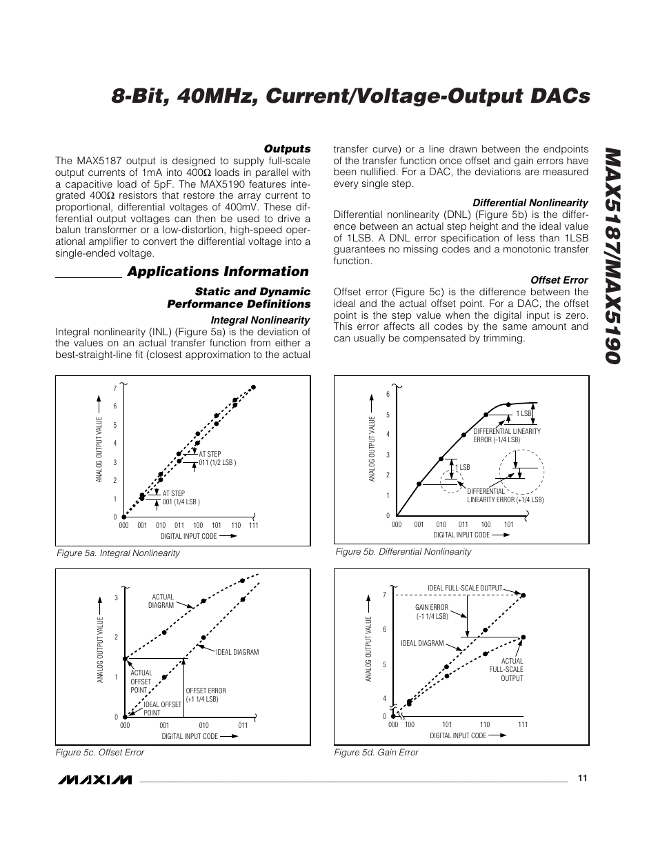 Applications information, Outputs, Static and dynamic performance definitions | Rainbow Electronics MAX5190 User Manual | Page 11 / 15