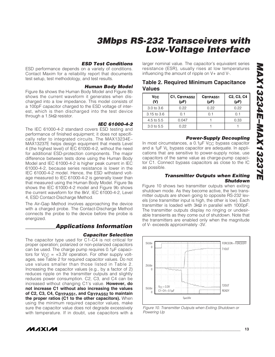 Applications information, Table 2. required minimum capacitance values | Rainbow Electronics MAX13237E User Manual | Page 13 / 16