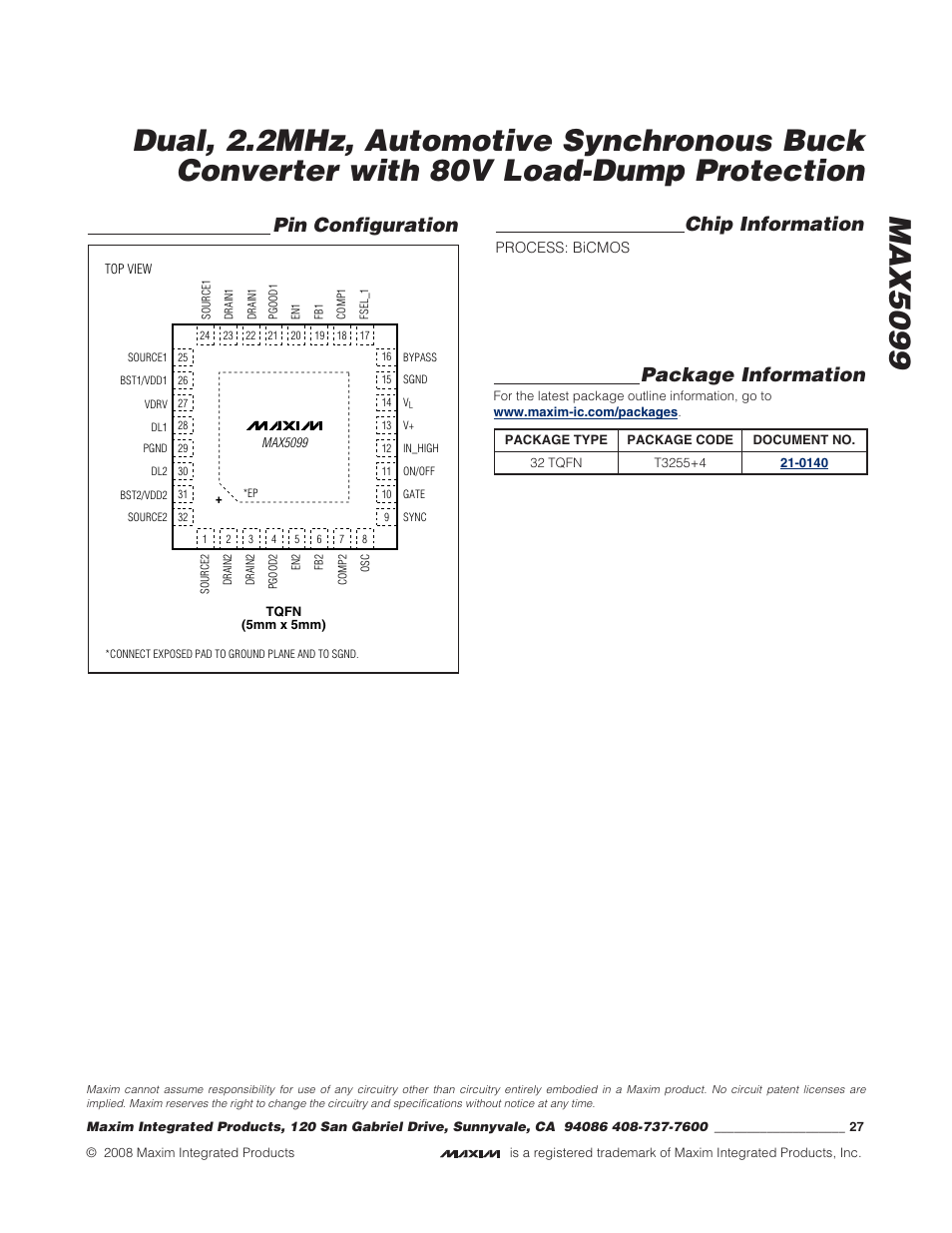 Pin configuration chip information, Package information | Rainbow Electronics MAX5099 User Manual | Page 27 / 27