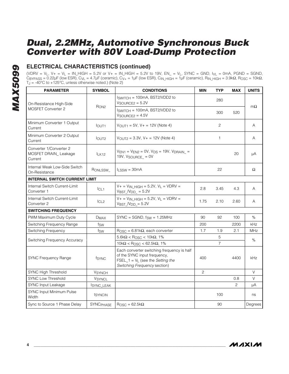 Electrical characteristics (continued) | Rainbow Electronics MAX5099 User Manual | Page 4 / 27