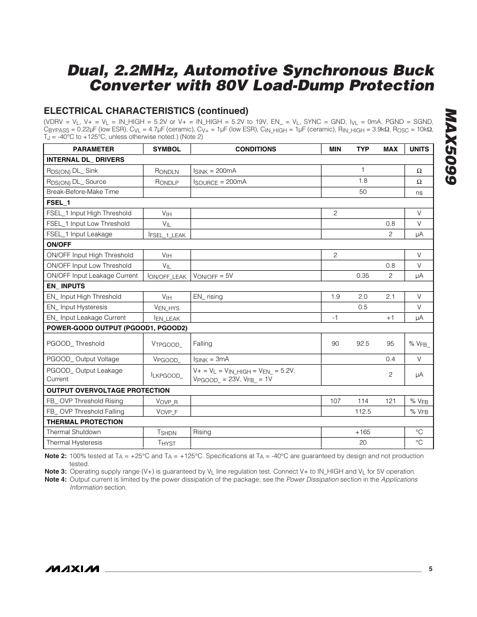 Electrical characteristics (continued) | Rainbow Electronics MAX5099 User Manual | Page 5 / 27