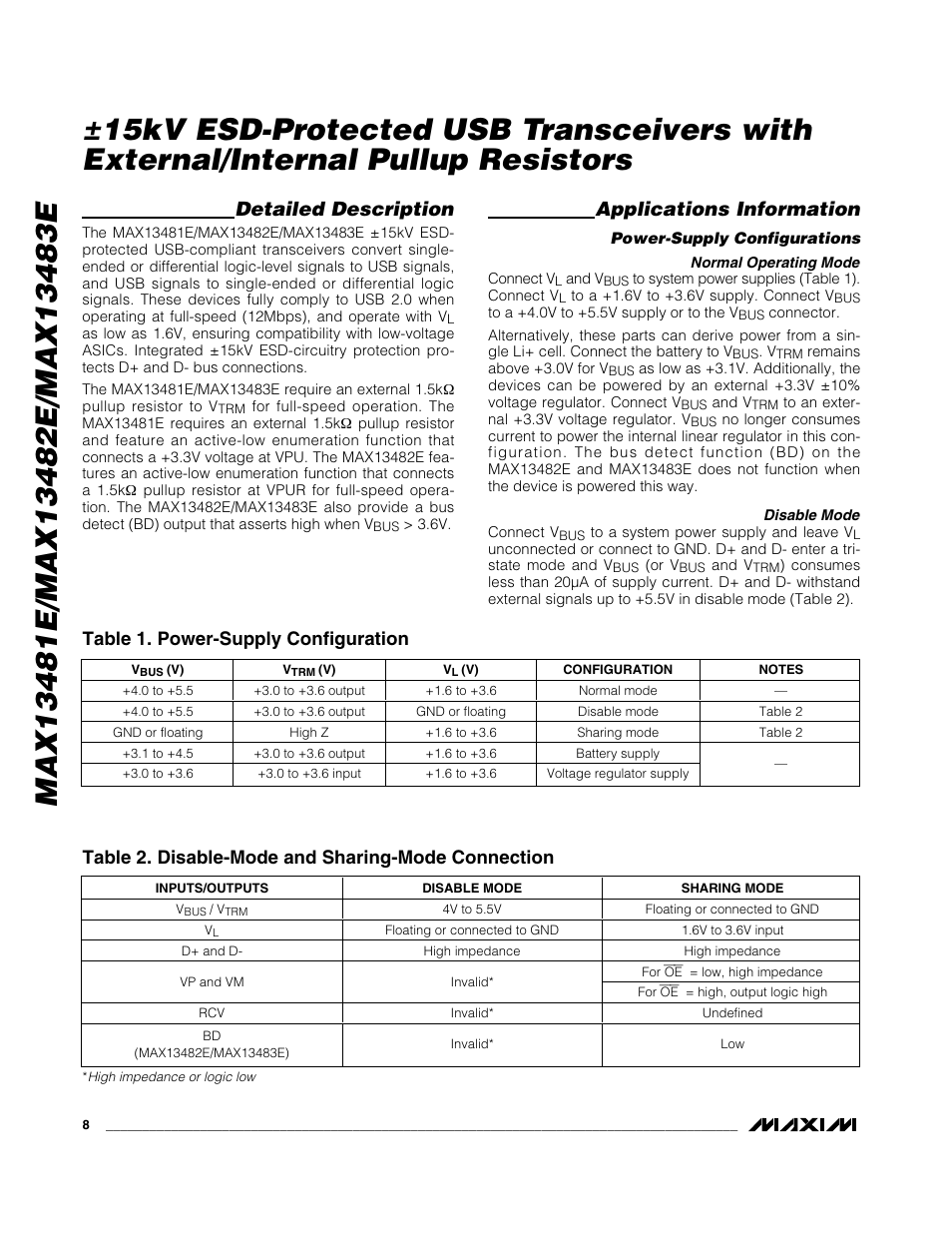 Detailed description, Applications information, Table 1. power-supply configuration | Table 2. disable-mode and sharing-mode connection | Rainbow Electronics MAX13483E User Manual | Page 8 / 19