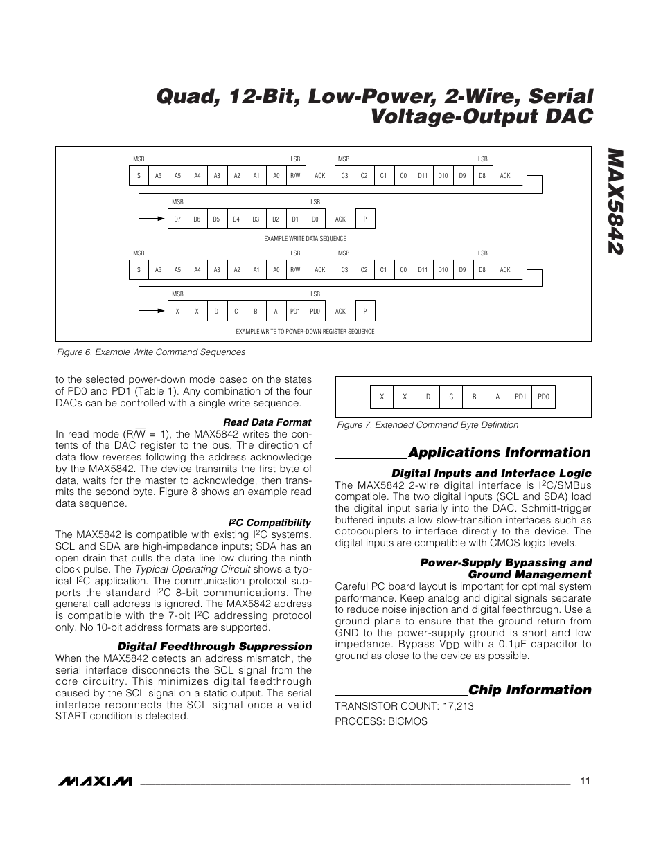 Applications information, Chip information, Digital feedthrough suppression | Digital inputs and interface logic, Power-supply bypassing and ground management | Rainbow Electronics MAX5842 User Manual | Page 11 / 15