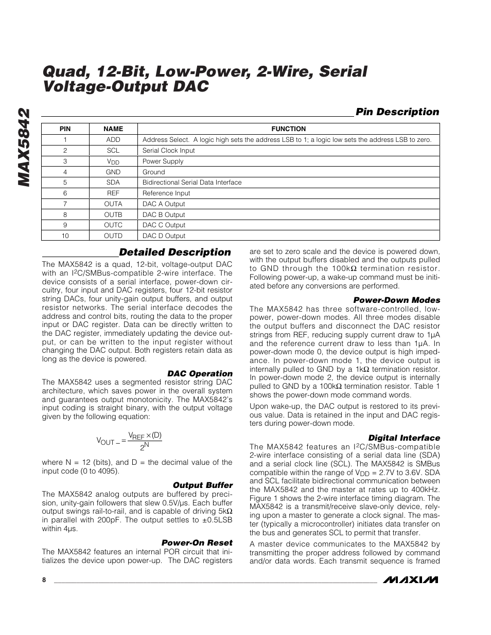 Detailed description, Pin description | Rainbow Electronics MAX5842 User Manual | Page 8 / 15