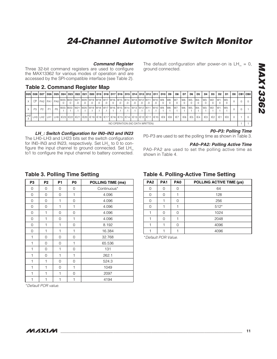 Table 3. polling time setting, Table 2. command register map, Table 4. polling-active time setting | Command register, Lh_: switch configuration for in0–in3 and in23, P0–p3: polling time, Pa0–pa2: polling active time | Rainbow Electronics MAX13362 User Manual | Page 11 / 14