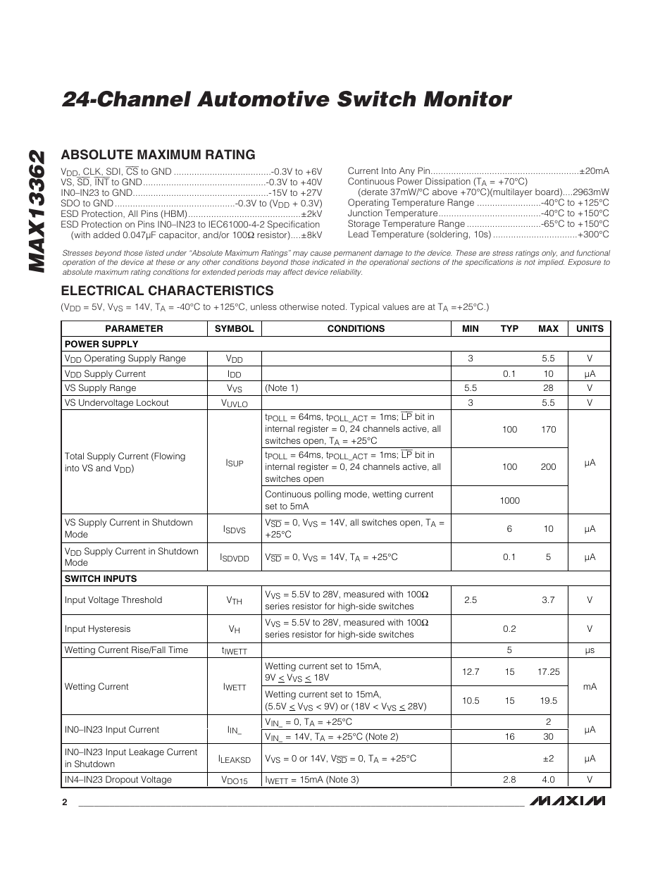 Absolute maximum rating electrical characteristics | Rainbow Electronics MAX13362 User Manual | Page 2 / 14
