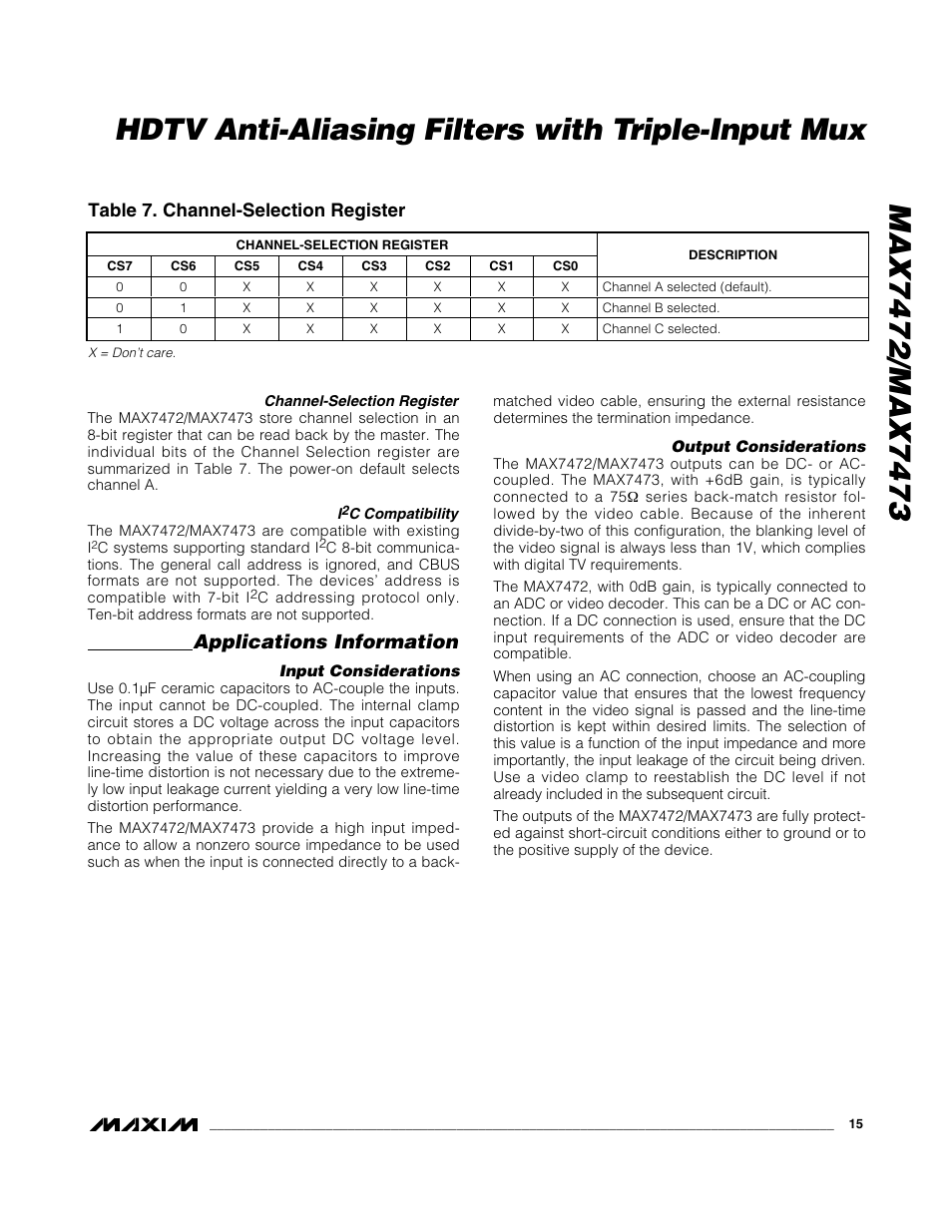 Applications information, Table 7. channel-selection register | Rainbow Electronics MAX7473 User Manual | Page 15 / 19