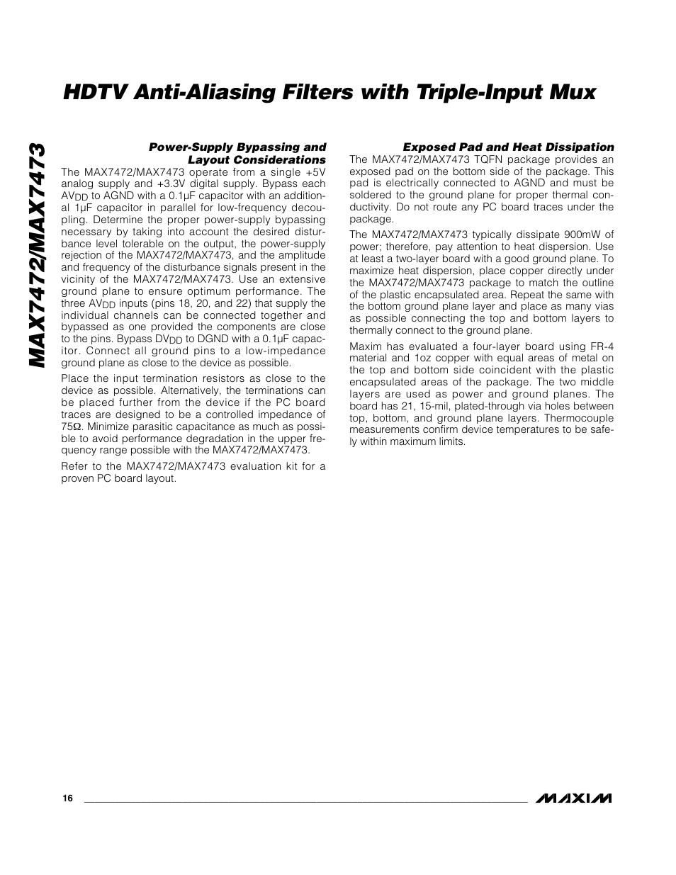 Hdtv anti-aliasing filters with triple-input mux | Rainbow Electronics MAX7473 User Manual | Page 16 / 19