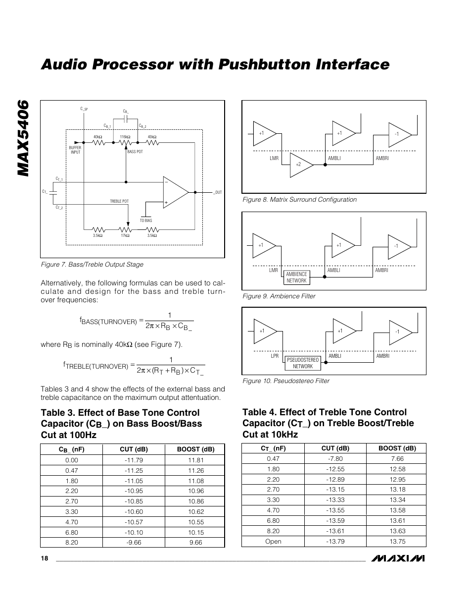 Max5406 audio processor with pushbutton interface, Table 3. effect of base tone control capacitor (c, On bass boost/bass cut at 100hz | On treble boost/treble cut at 10khz | Rainbow Electronics MAX5406 User Manual | Page 18 / 26
