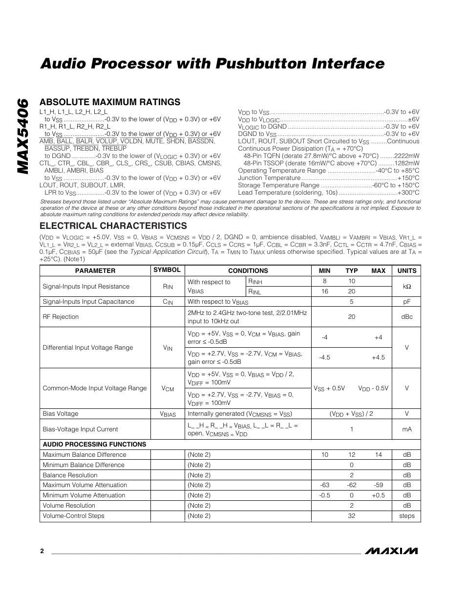 Max5406 audio processor with pushbutton interface, Absolute maximum ratings, Electrical characteristics | Rainbow Electronics MAX5406 User Manual | Page 2 / 26