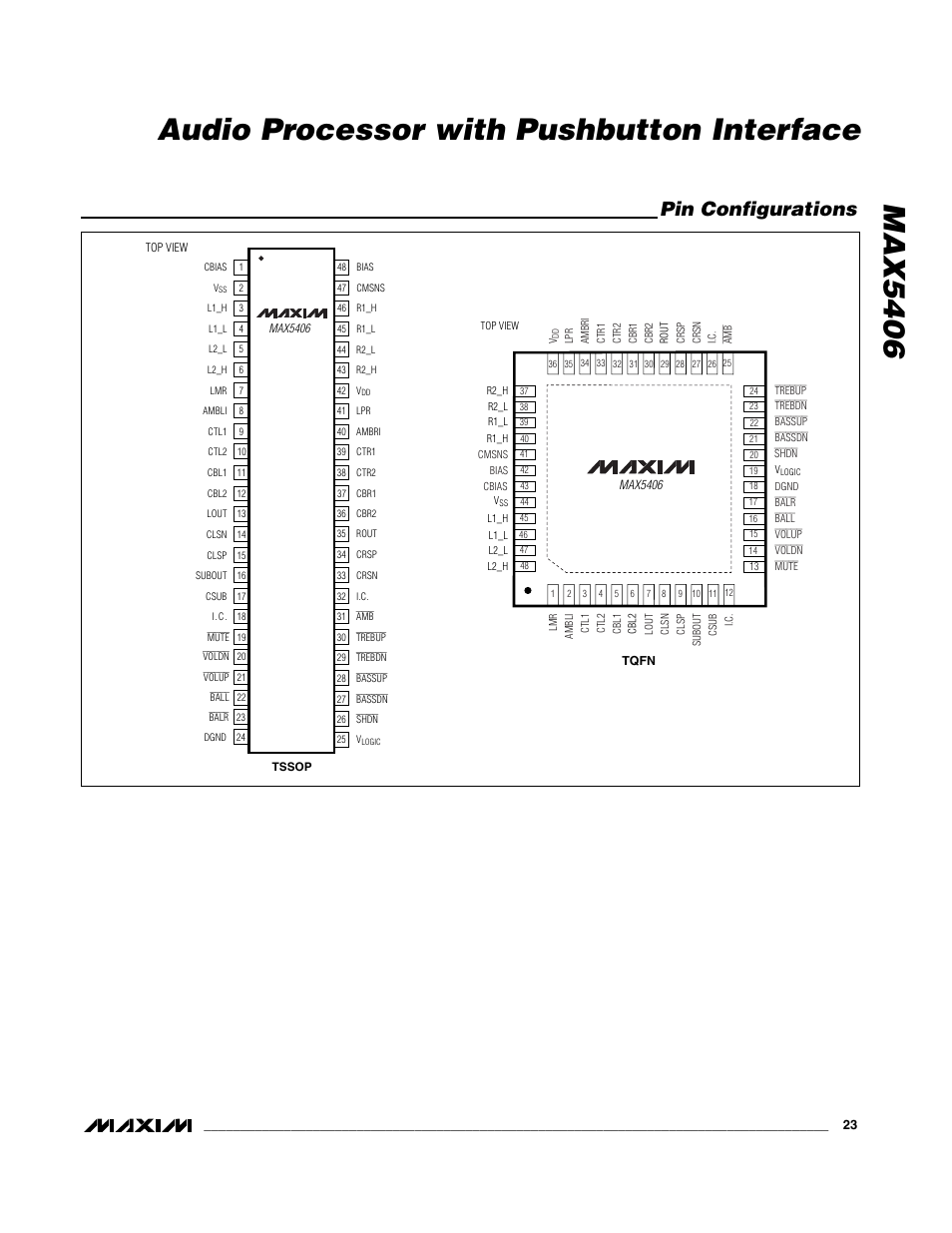 Max5406 audio processor with pushbutton interface, Pin configurations | Rainbow Electronics MAX5406 User Manual | Page 23 / 26