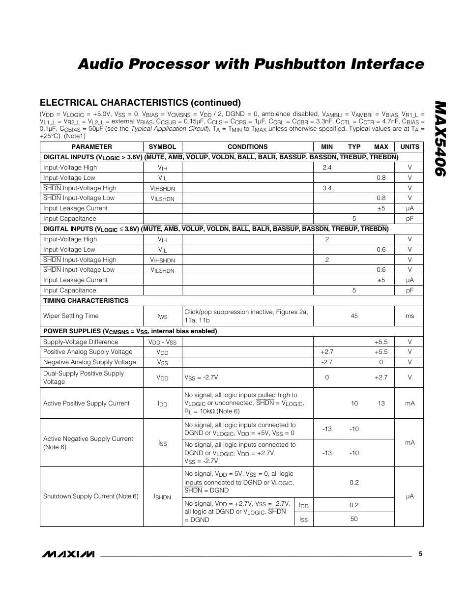 Max5406 audio processor with pushbutton interface, Electrical characteristics (continued) | Rainbow Electronics MAX5406 User Manual | Page 5 / 26