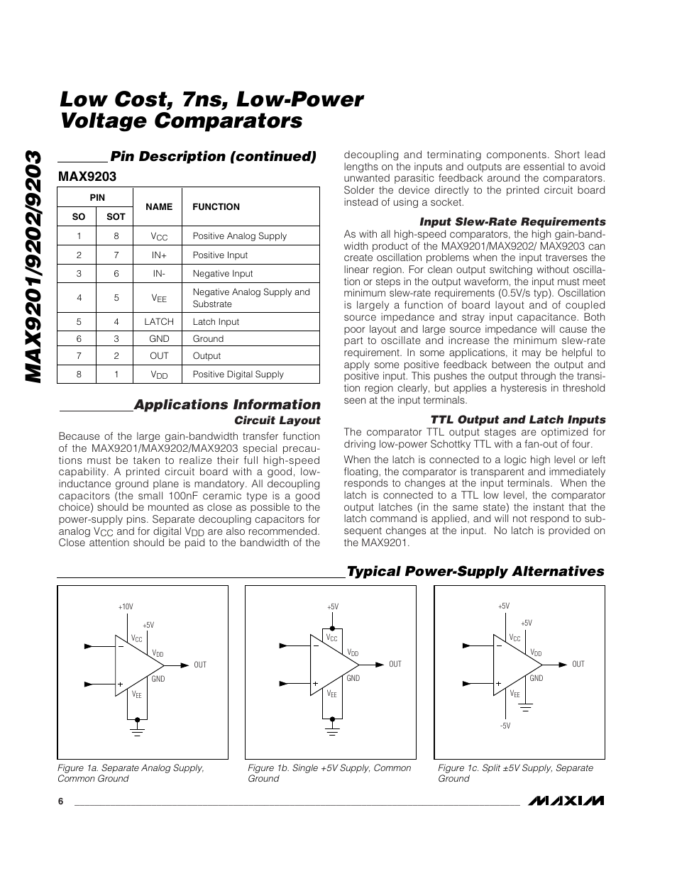 Applications information, Pin description (continued), Typical power-supply alternatives | Max9203 | Rainbow Electronics MAX9203 User Manual | Page 6 / 8