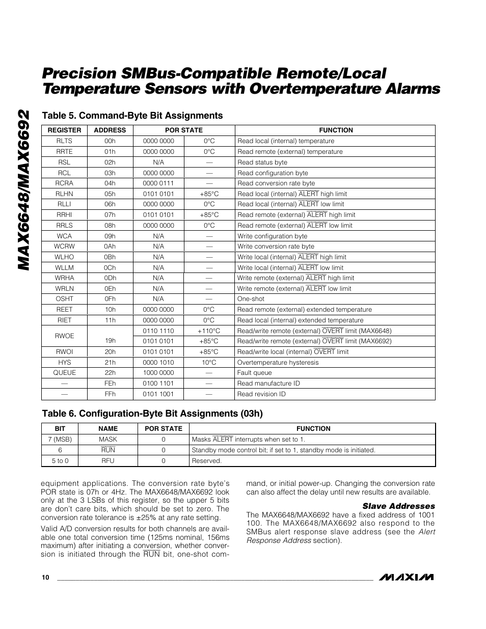 Table 5. command-byte bit assignments, Table 6. configuration-byte bit assignments (03h) | Rainbow Electronics MAX6692 User Manual | Page 10 / 17