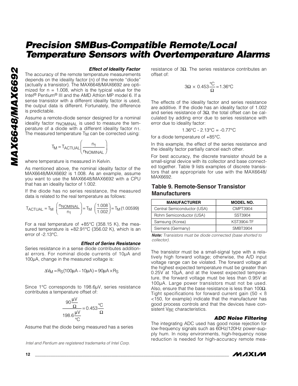 Table 9. remote-sensor transistor manufacturers | Rainbow Electronics MAX6692 User Manual | Page 12 / 17