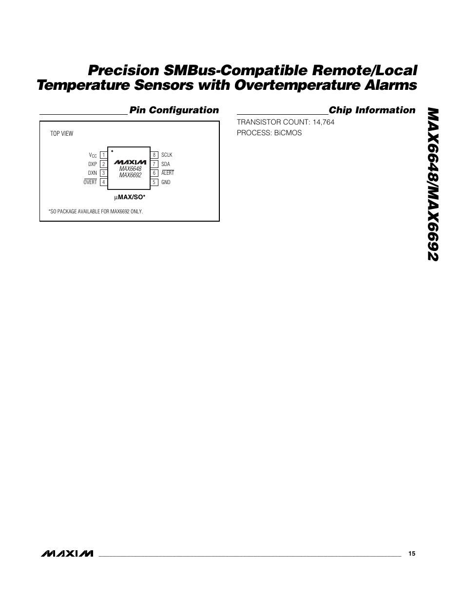 Pin configuration chip information | Rainbow Electronics MAX6692 User Manual | Page 15 / 17