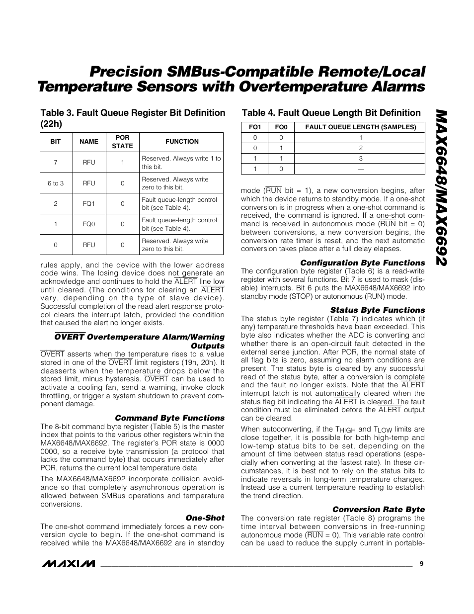 Table 3. fault queue register bit definition (22h), Table 4. fault queue length bit definition | Rainbow Electronics MAX6692 User Manual | Page 9 / 17