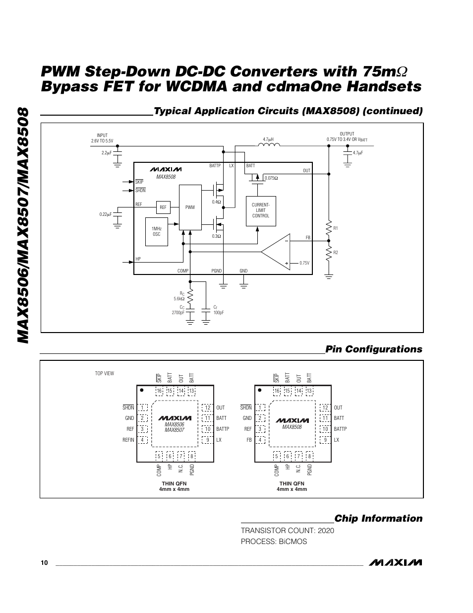 Bypass fet for wcdma and cdmaone handsets, Pin configurations, Transistor count: 2020 process: bicmos | Rainbow Electronics MAX8508 User Manual | Page 10 / 11