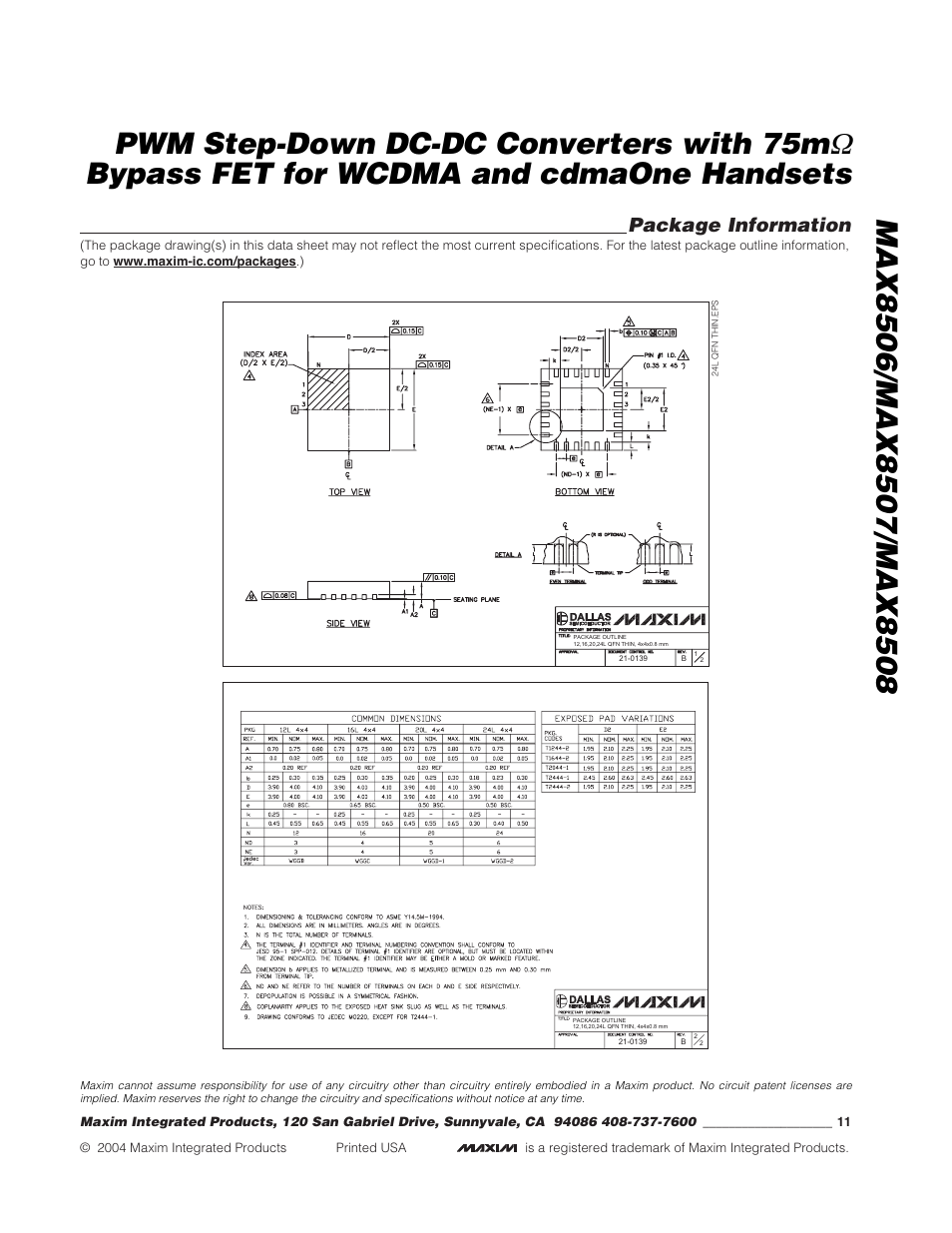 Bypass fet for wcdma and cdmaone handsets, Package information | Rainbow Electronics MAX8508 User Manual | Page 11 / 11