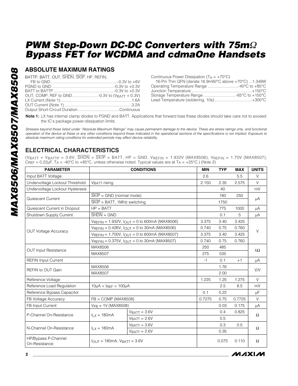 Bypass fet for wcdma and cdmaone handsets, Absolute maximum ratings, Electrical characteristics | Rainbow Electronics MAX8508 User Manual | Page 2 / 11