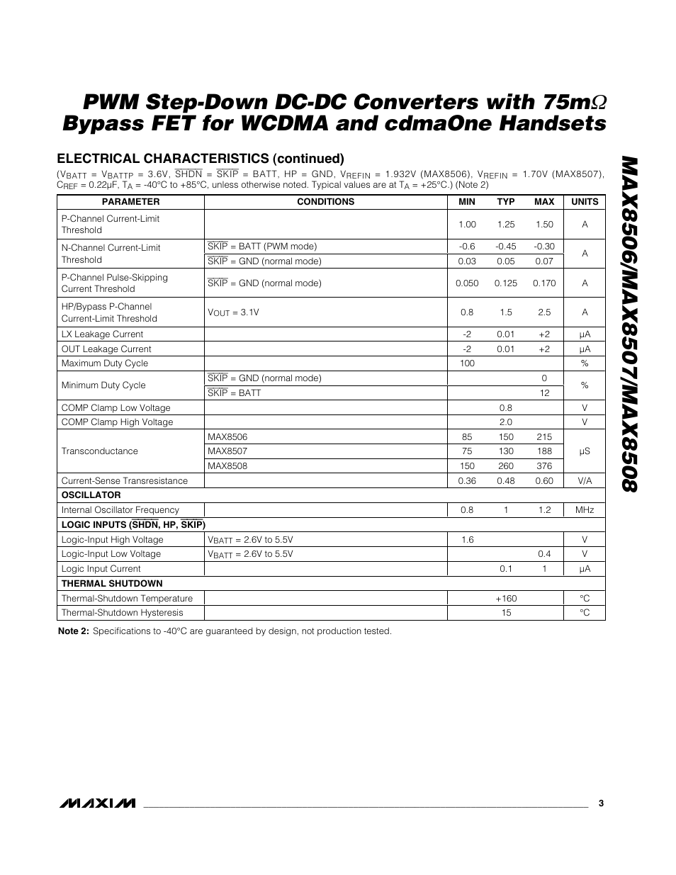 Bypass fet for wcdma and cdmaone handsets, Electrical characteristics (continued) | Rainbow Electronics MAX8508 User Manual | Page 3 / 11