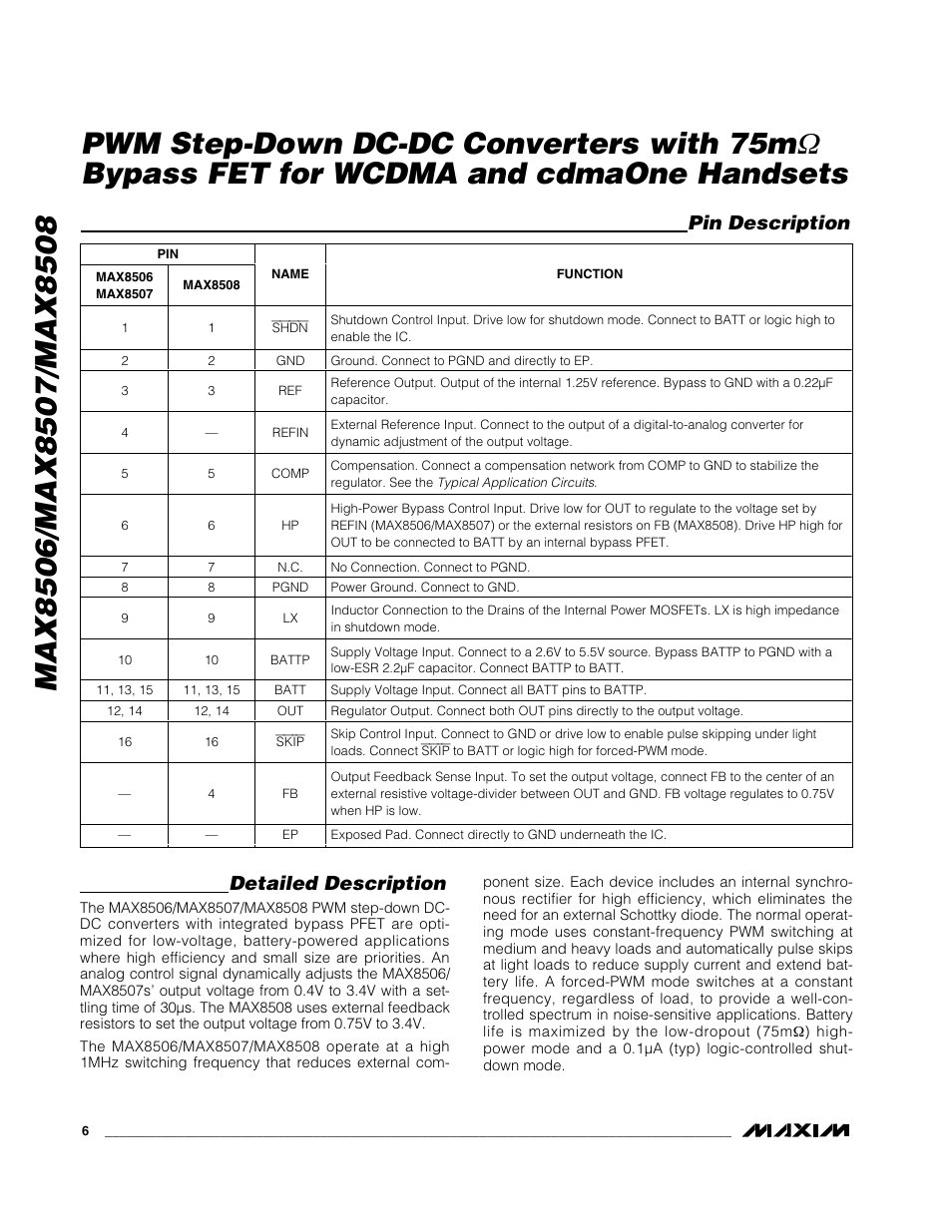 Bypass fet for wcdma and cdmaone handsets, Detailed description, Pin description | Rainbow Electronics MAX8508 User Manual | Page 6 / 11