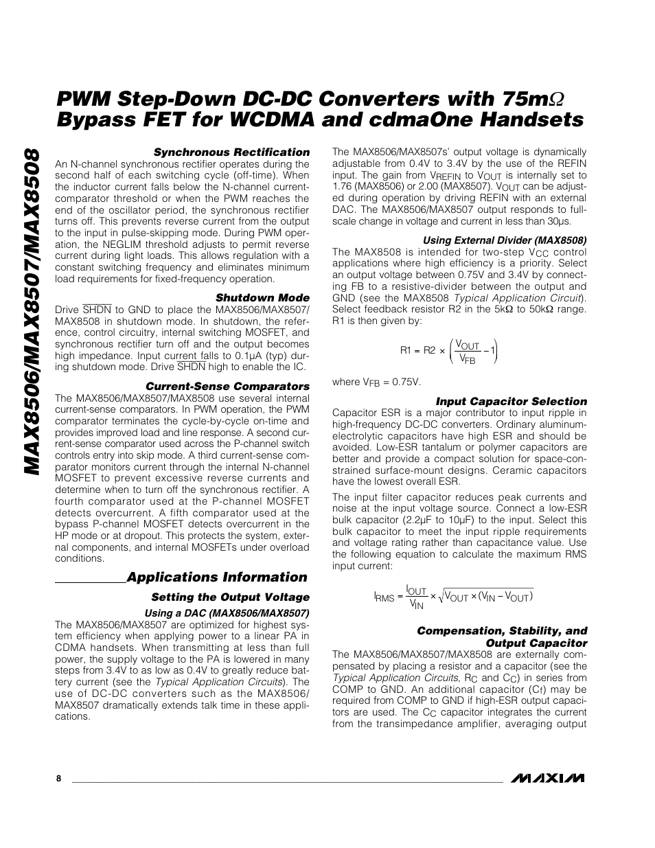 Bypass fet for wcdma and cdmaone handsets, Applications information | Rainbow Electronics MAX8508 User Manual | Page 8 / 11