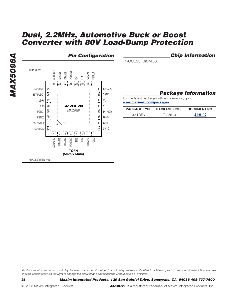 Pin configuration chip information, Package information | Rainbow Electronics MAX5098A User Manual | Page 28 / 28