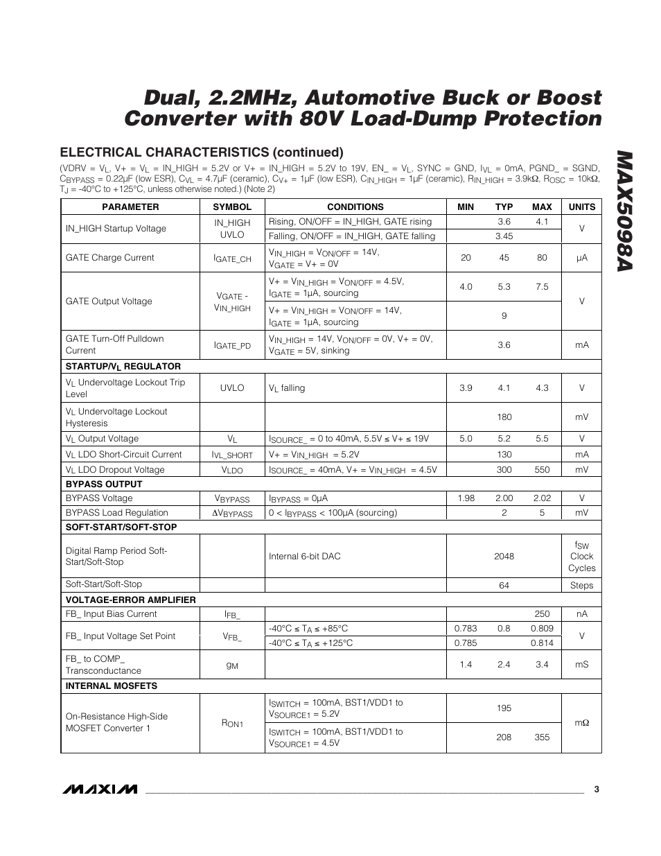 Electrical characteristics (continued) | Rainbow Electronics MAX5098A User Manual | Page 3 / 28