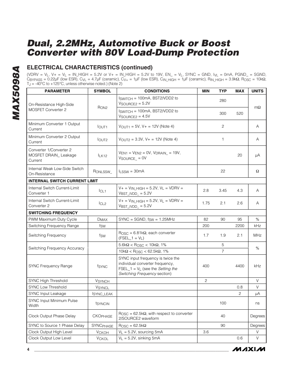 Electrical characteristics (continued) | Rainbow Electronics MAX5098A User Manual | Page 4 / 28
