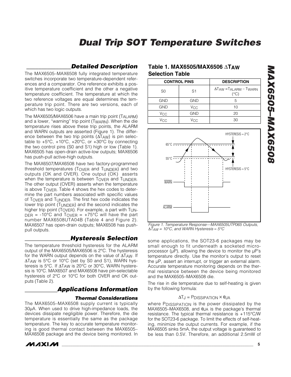 Detailed description, Hysteresis selection, Applications information | Selection table | Rainbow Electronics MAX6508 User Manual | Page 5 / 12