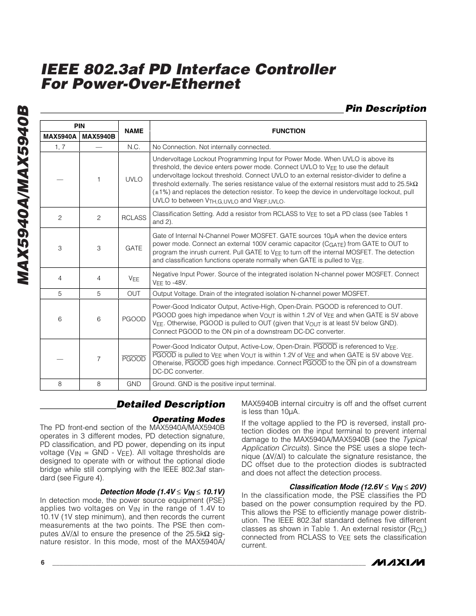Pin description, Detailed description | Rainbow Electronics MAX5940B User Manual | Page 6 / 15