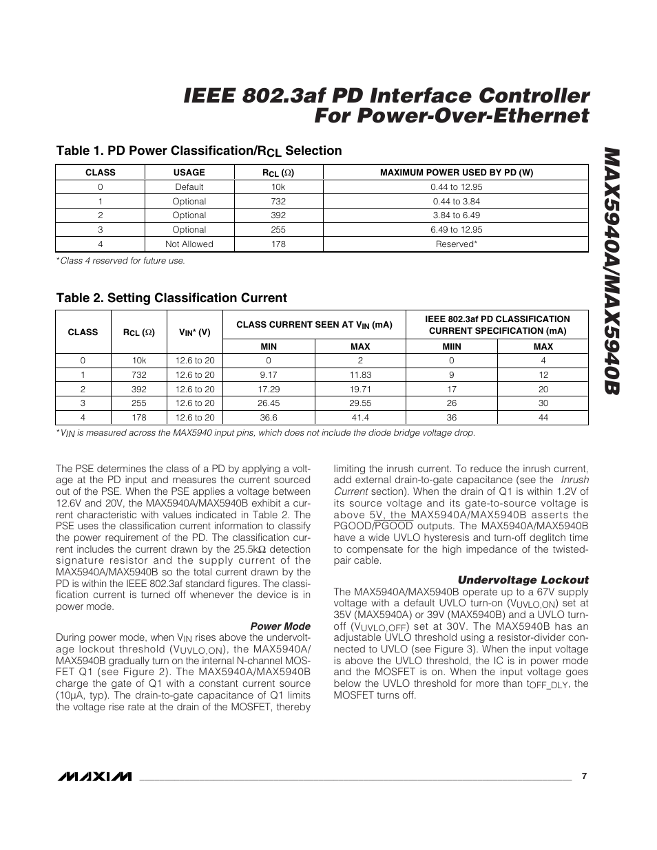 Table 1. pd power classification/r, Selection, Table 2. setting classification current | Rainbow Electronics MAX5940B User Manual | Page 7 / 15