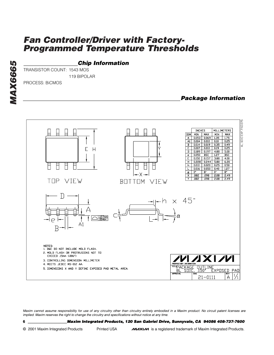 Package information, Chip information | Rainbow Electronics MAX6665 User Manual | Page 6 / 6