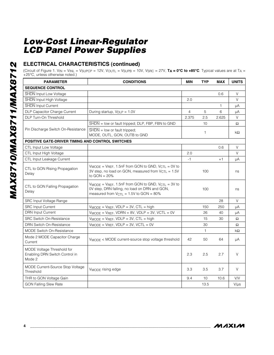 Electrical characteristics (continued) | Rainbow Electronics MAX8712 User Manual | Page 4 / 23