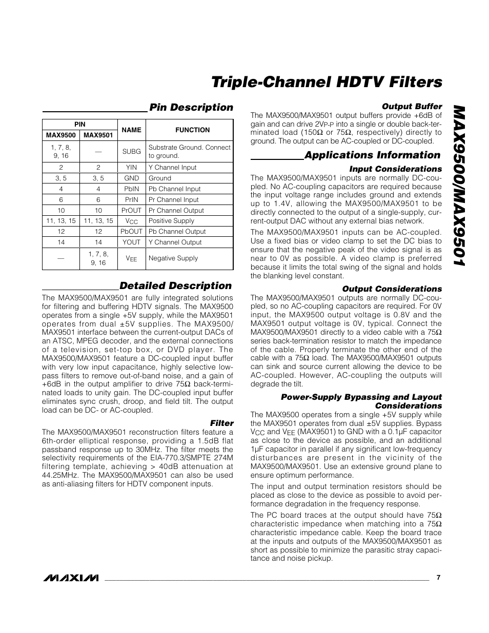 Detailed description, Applications information, Pin description | Rainbow Electronics MAX9501 User Manual | Page 7 / 10